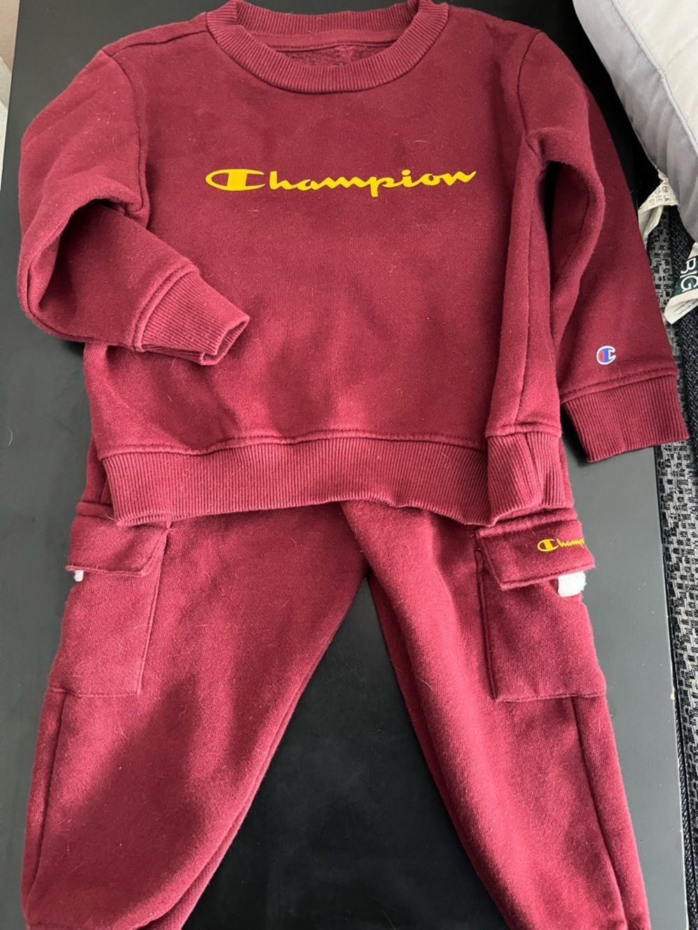 Champion Kids Maroon Sweatshirt & Cargo Joggers Set with Yellow Logo